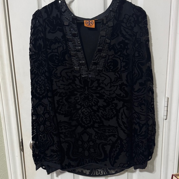 Tory Burch Tops - Tory Burch Black Patterned Blouse with Button sleeve Detail